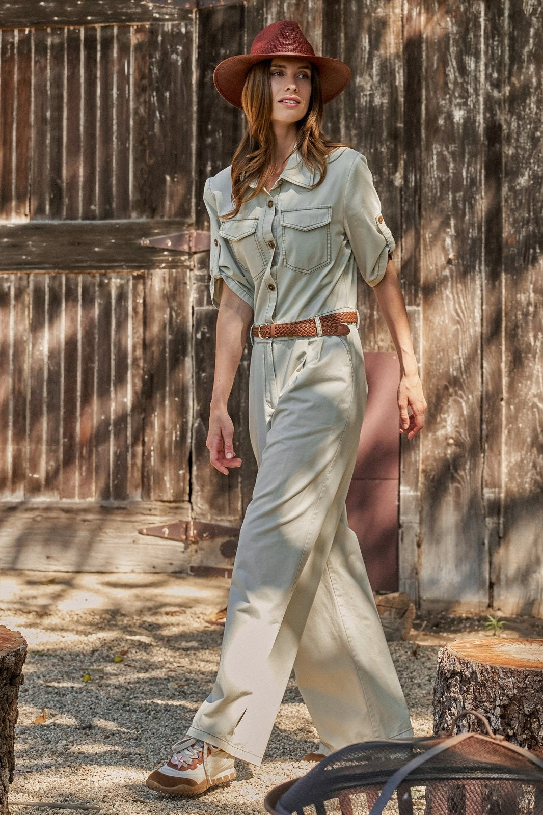 Mineral Wash Utility Jumpsuit with Braided Belt in Khaki - Women's Wholesale Jumpsuits | Trend Notes