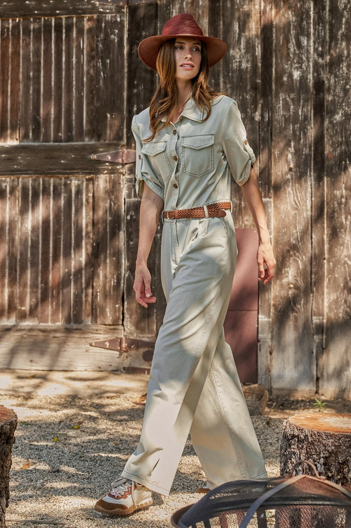 Mineral Wash Utility Jumpsuit with Braided Belt in Khaki - Women's Wholesale Jumpsuits | Trend Notes