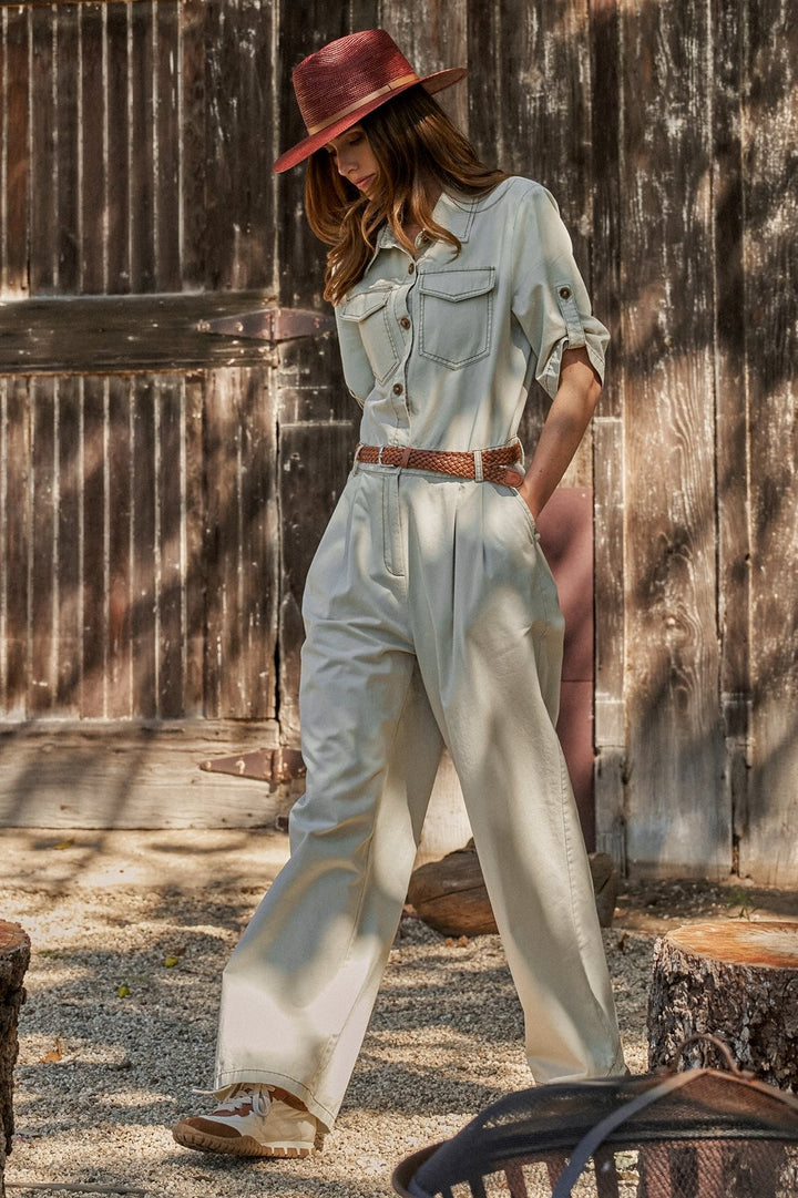 Mineral Wash Utility Jumpsuit with Braided Belt in Khaki - Women's Wholesale Jumpsuits | Trend Notes