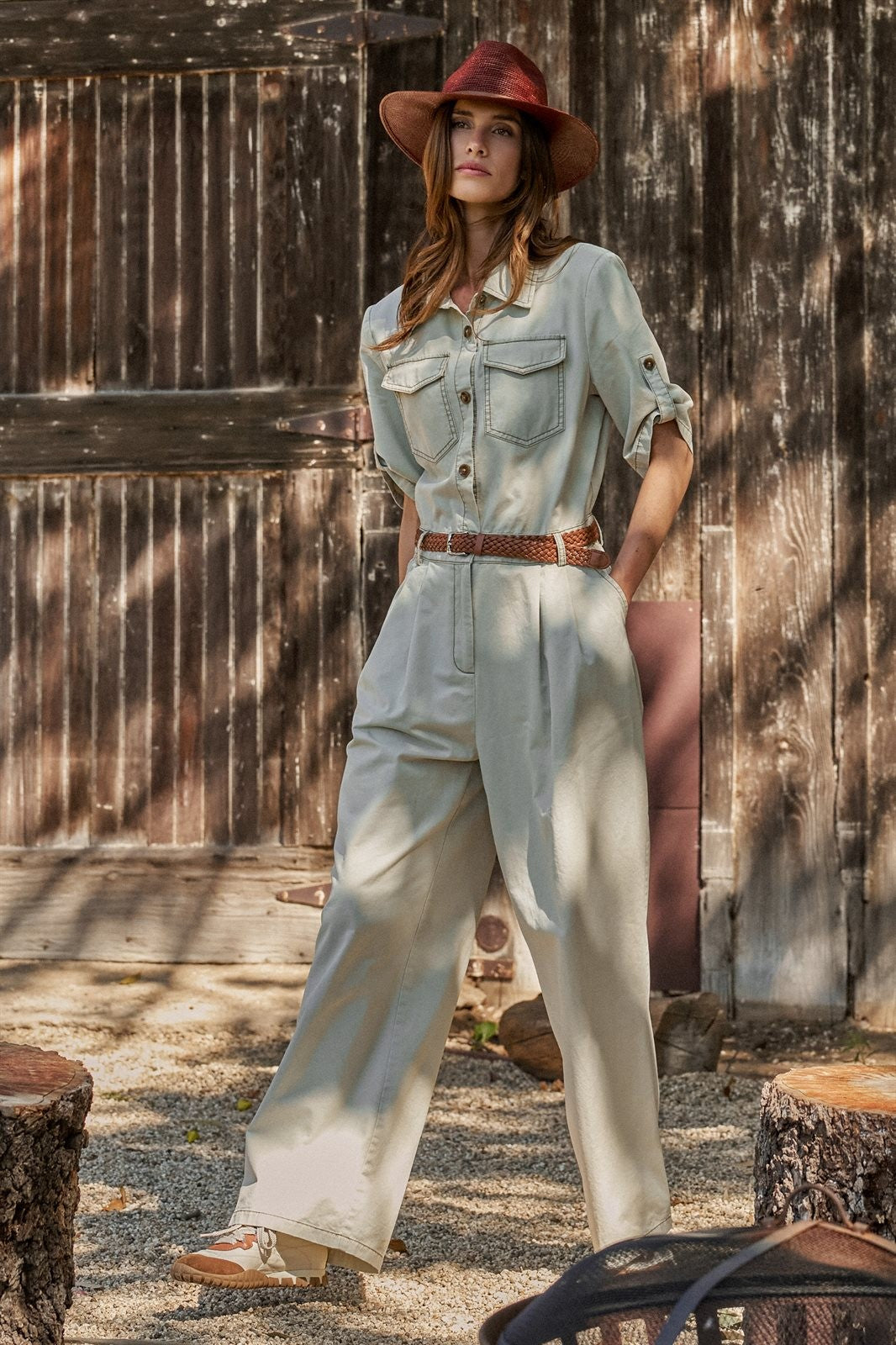 Mineral Wash Utility Jumpsuit with Braided Belt in Khaki - Women's Wholesale Jumpsuits | Trend Notes