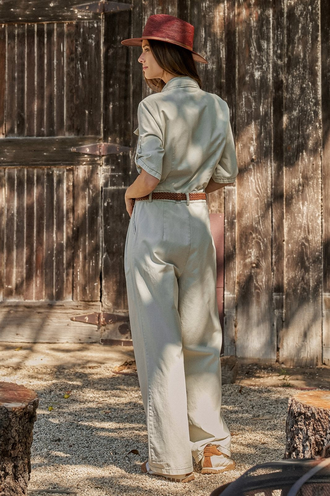 Mineral Wash Utility Jumpsuit with Braided Belt in Khaki - Women's Wholesale Jumpsuits | Trend Notes
