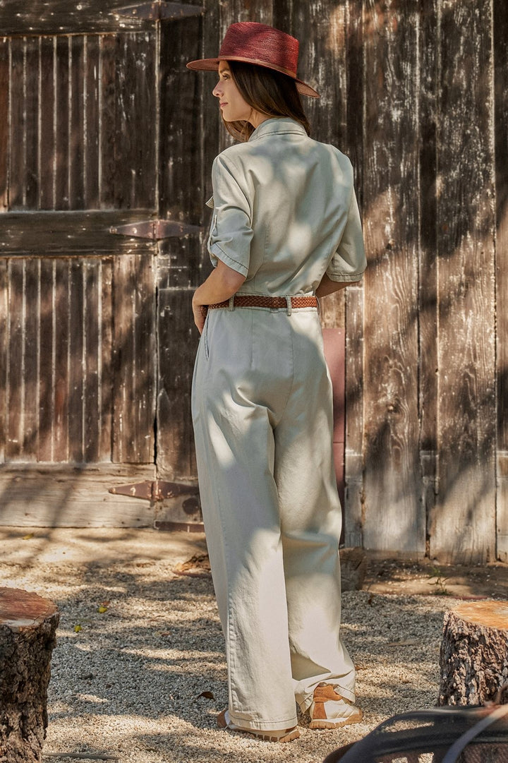 Mineral Wash Utility Jumpsuit with Braided Belt in Khaki - Women's Wholesale Jumpsuits | Trend Notes
