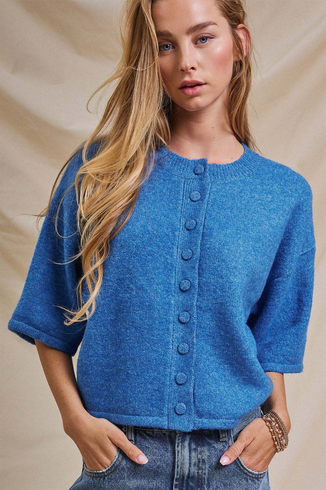 Soft Touch Elbow-Length Knit Cardigan in Blue - Women's Wholesale Fashion | Trend Notes