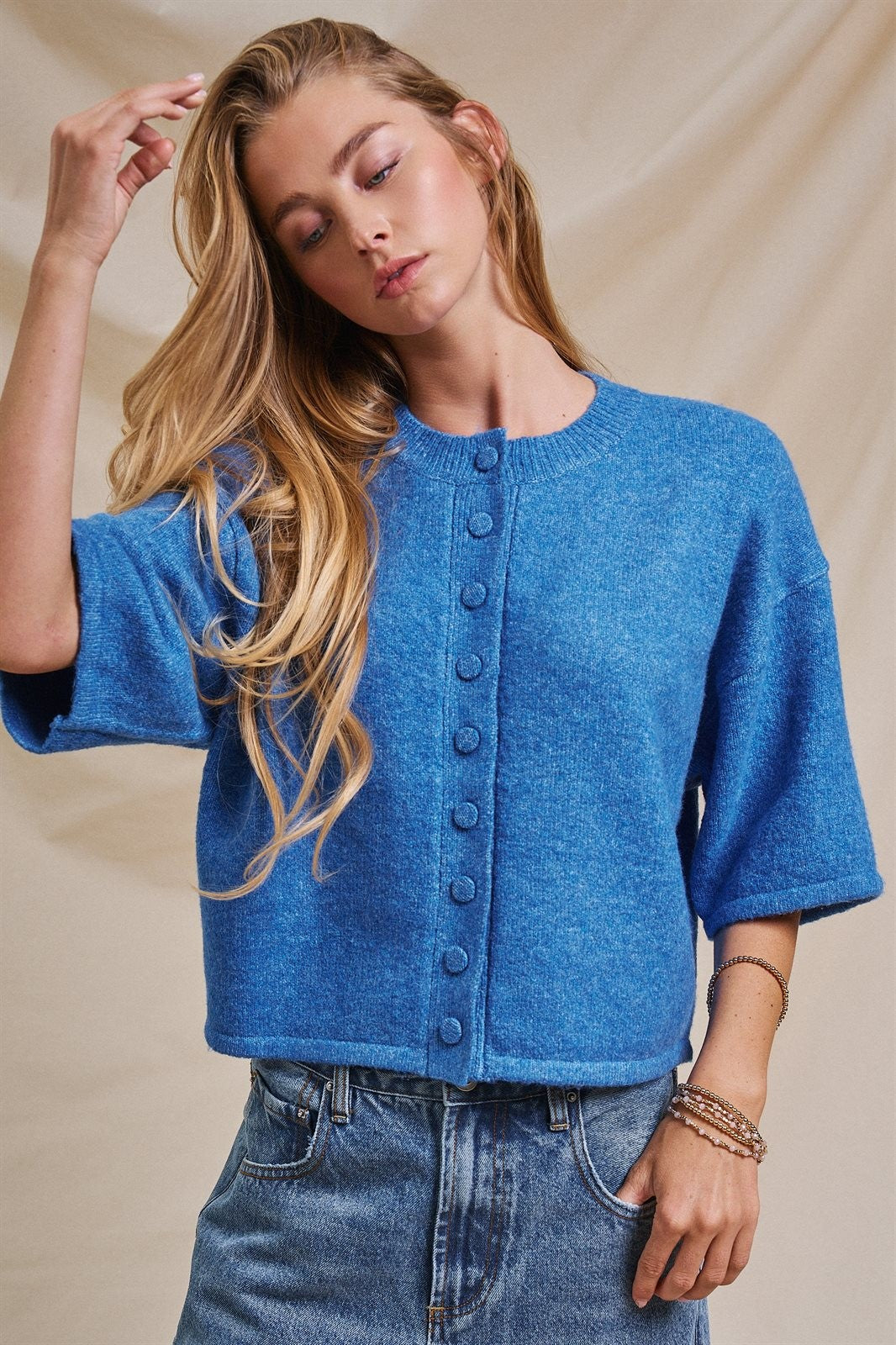 Soft Touch Elbow-Length Knit Cardigan in Blue - Women's Wholesale Fashion | Trend Notes