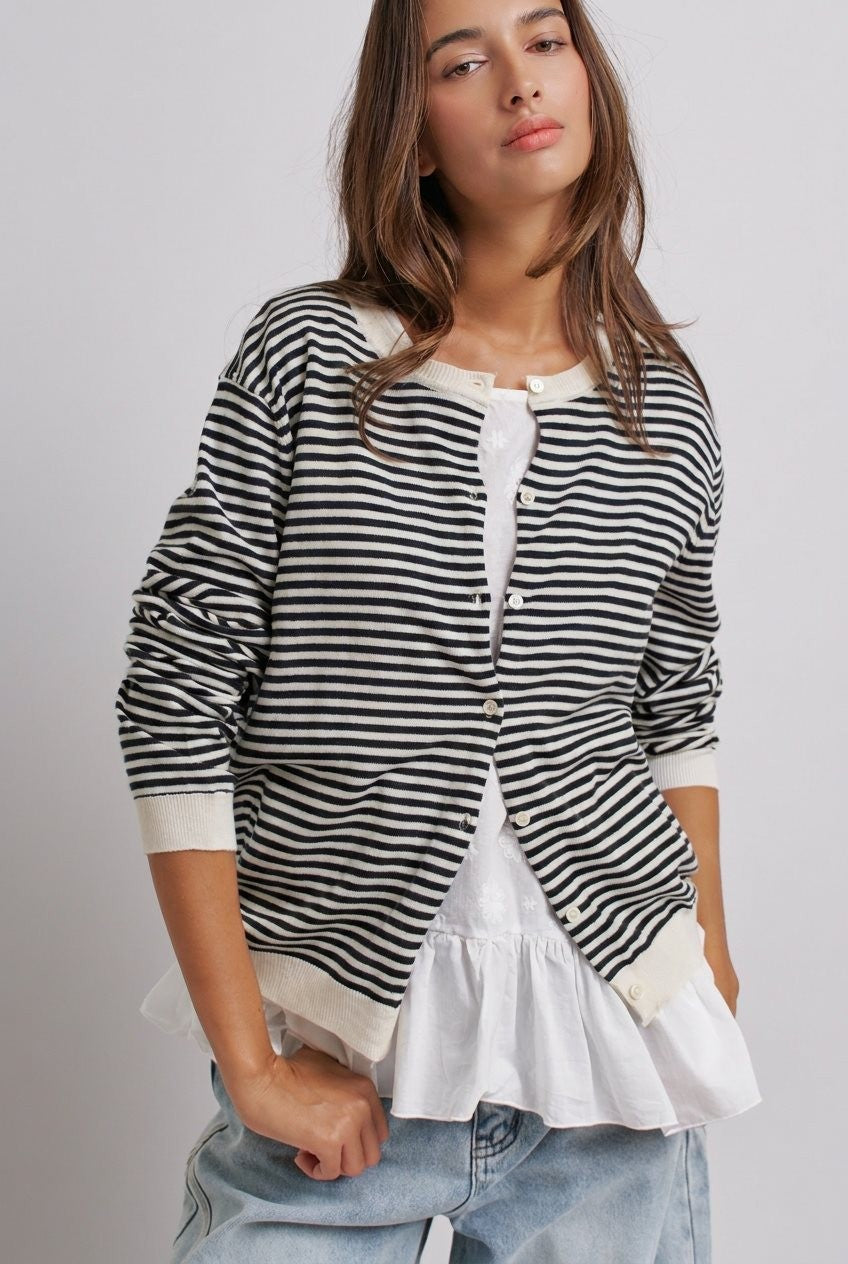 Simple Chic Summer Stripe Cardigan in Black Ivory - Women's Wholesale Fashion | Trend Notes