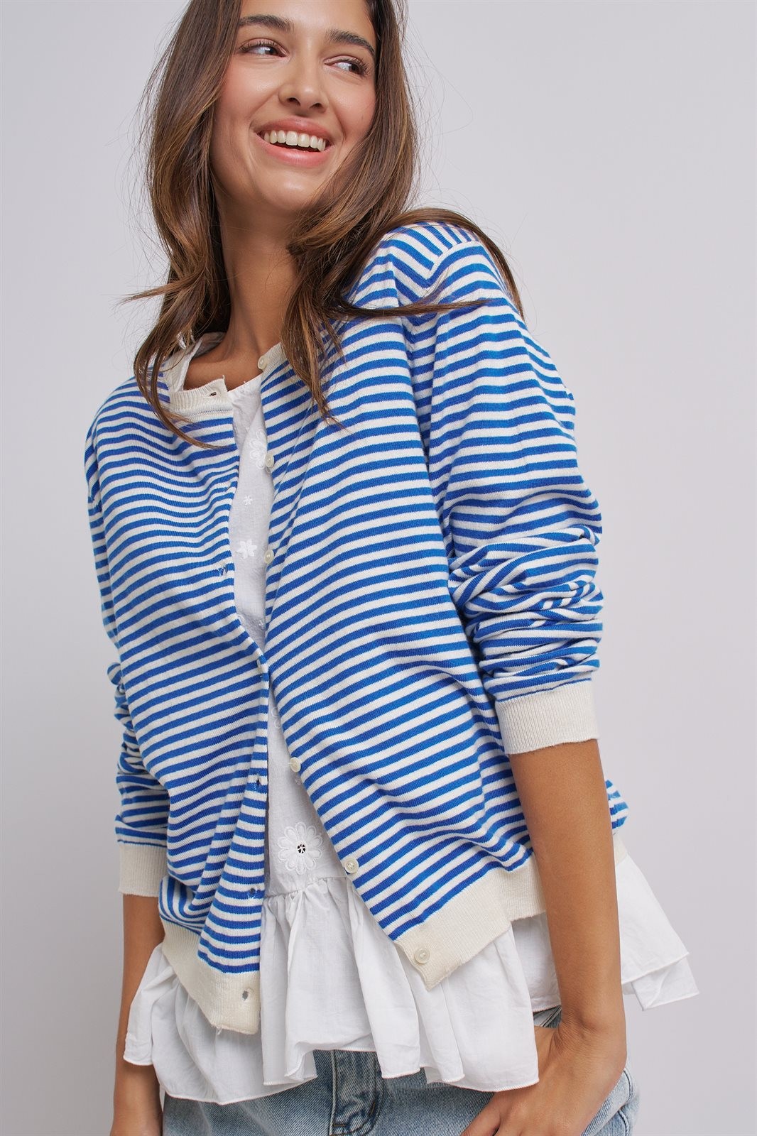 Simple Chic Summer Stripe Cardigan in Blue Ivory - Women's Wholesale Fashion | Trend Notes