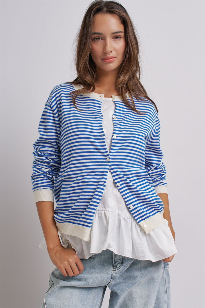 Simple Chic Summer Stripe Cardigan in Blue Ivory - Women's Wholesale Fashion | Trend Notes