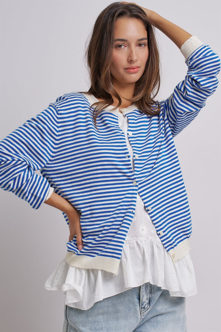 Simple Chic Summer Stripe Cardigan in Blue Ivory - Women's Wholesale Fashion | Trend Notes