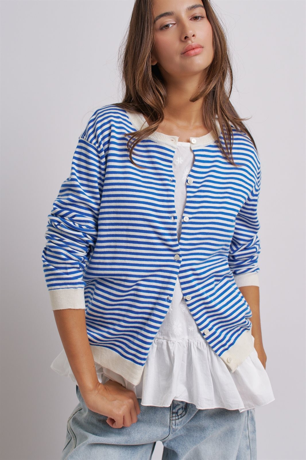 Simple Chic Summer Stripe Cardigan in Blue Ivory - Women's Wholesale Fashion | Trend Notes