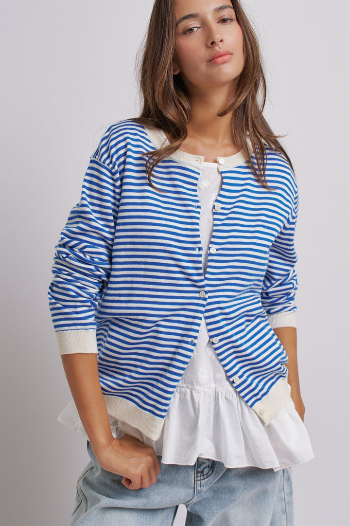 Simple Chic Summer Stripe Cardigan in Blue Ivory - Women's Wholesale Fashion | Trend Notes