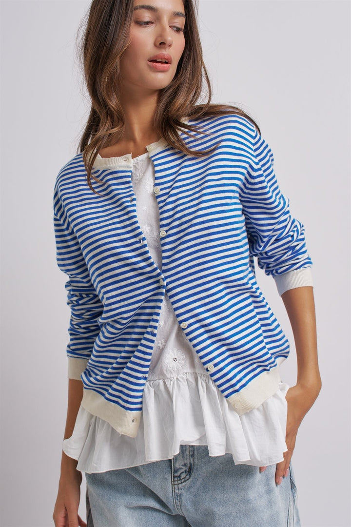 Simple Chic Summer Stripe Cardigan in Blue Ivory - Women's Wholesale Fashion | Trend Notes