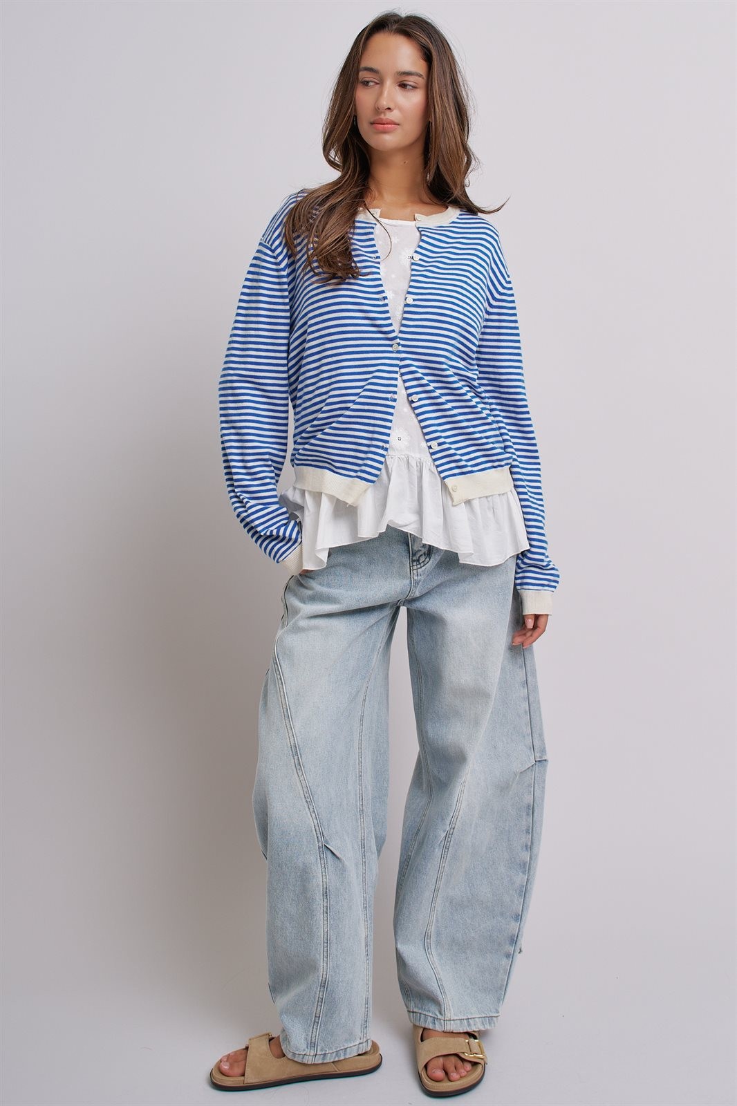 Simple Chic Summer Stripe Cardigan in Blue Ivory - Women's Wholesale Fashion | Trend Notes