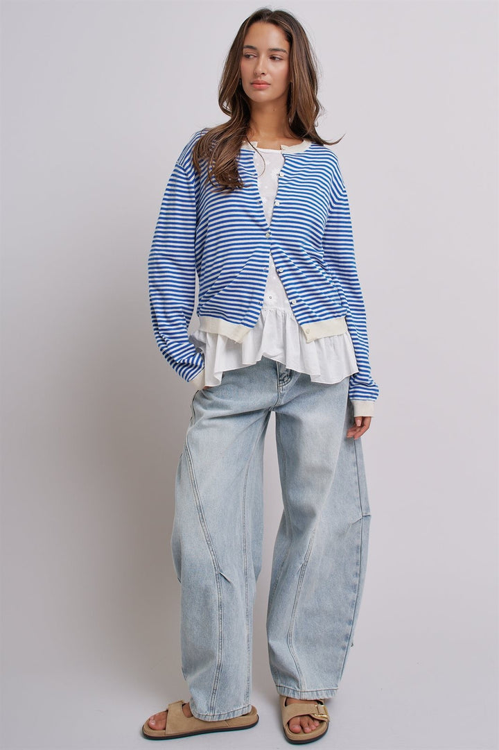 Simple Chic Summer Stripe Cardigan in Blue Ivory - Women's Wholesale Fashion | Trend Notes