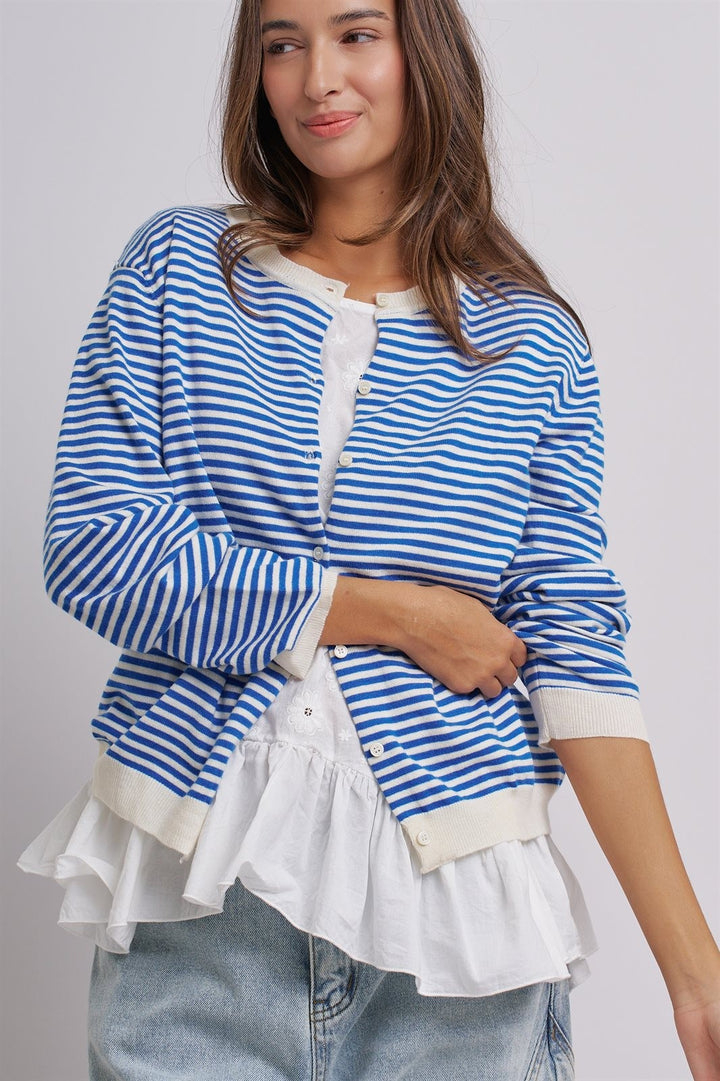 Simple Chic Summer Stripe Cardigan in Blue Ivory - Women's Wholesale Fashion | Trend Notes
