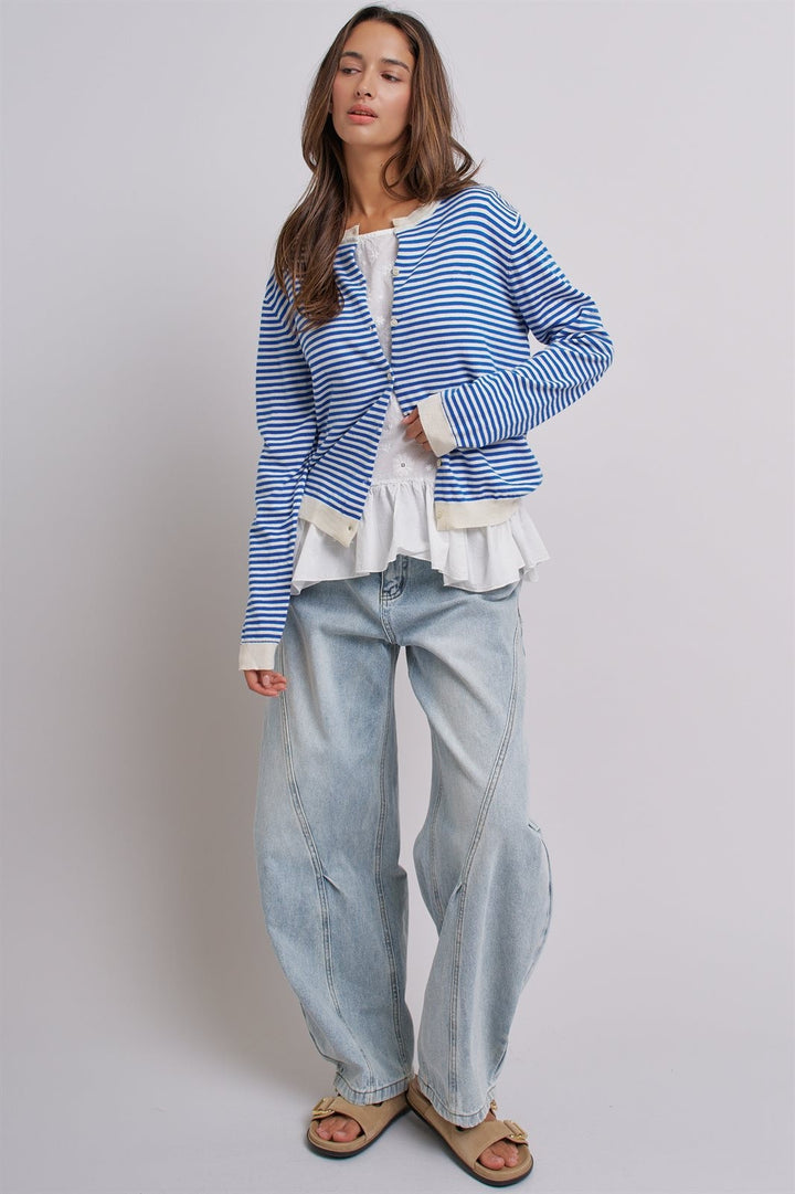 Simple Chic Summer Stripe Cardigan in Blue Ivory - Women's Wholesale Fashion | Trend Notes