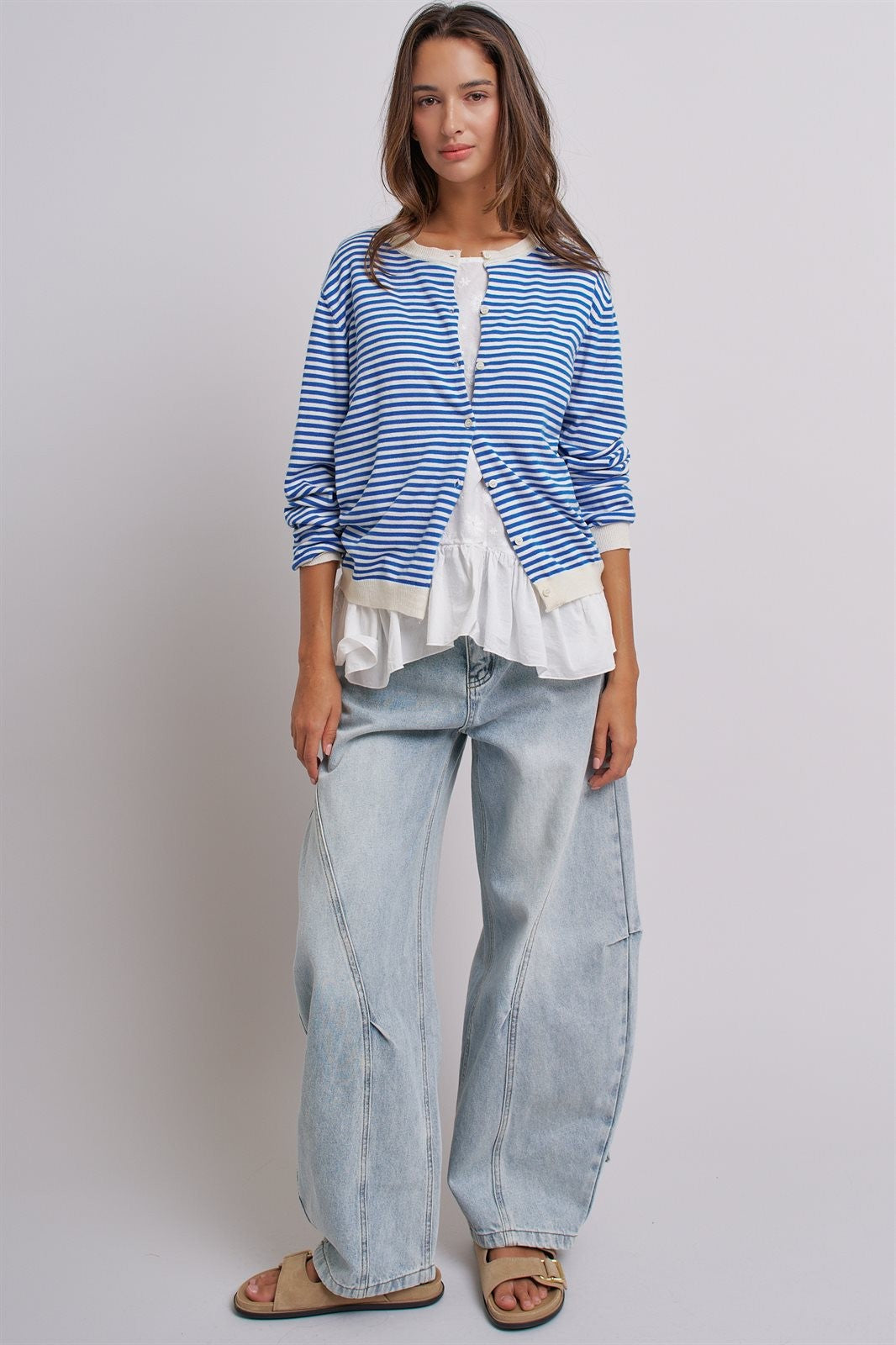 Simple Chic Summer Stripe Cardigan in Blue Ivory - Women's Wholesale Fashion | Trend Notes