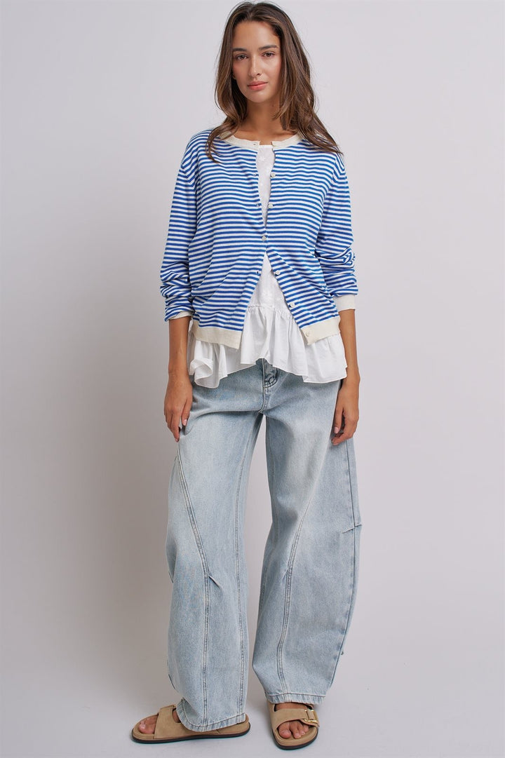 Simple Chic Summer Stripe Cardigan in Blue Ivory - Women's Wholesale Fashion | Trend Notes