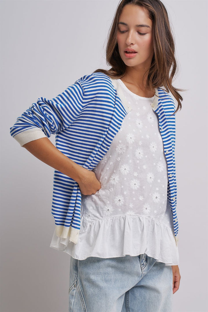 Simple Chic Summer Stripe Cardigan in Blue Ivory - Women's Wholesale Fashion | Trend Notes