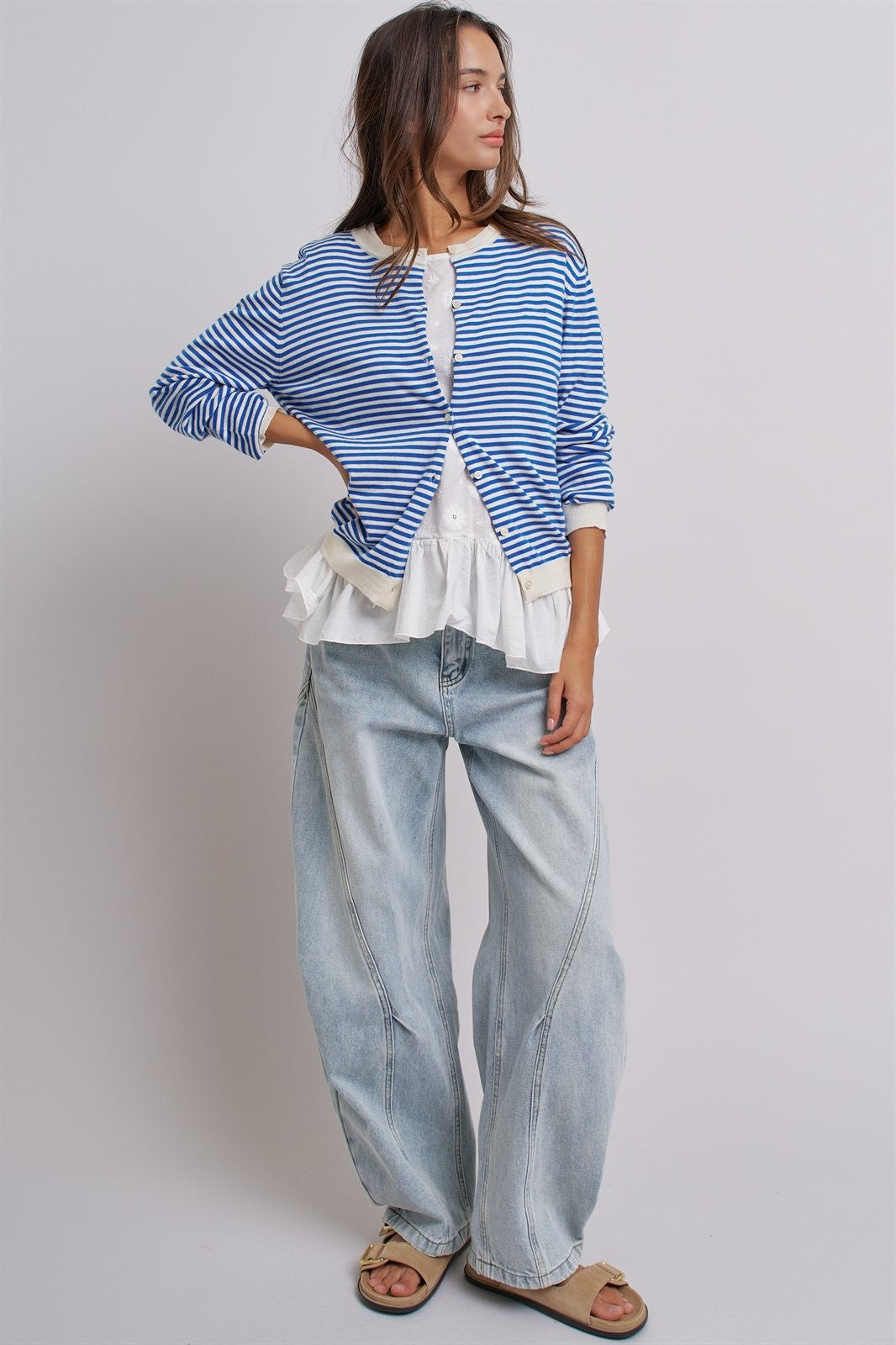 Simple Chic Summer Stripe Cardigan in Blue Ivory - Women's Wholesale Fashion | Trend Notes