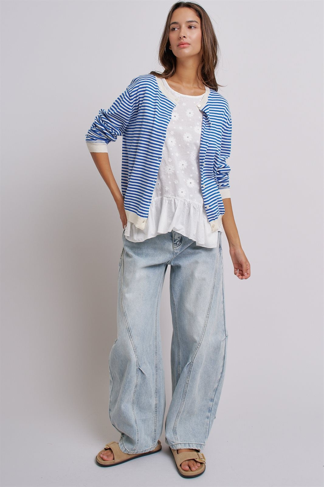 Simple Chic Summer Stripe Cardigan in Blue Ivory - Women's Wholesale Fashion | Trend Notes