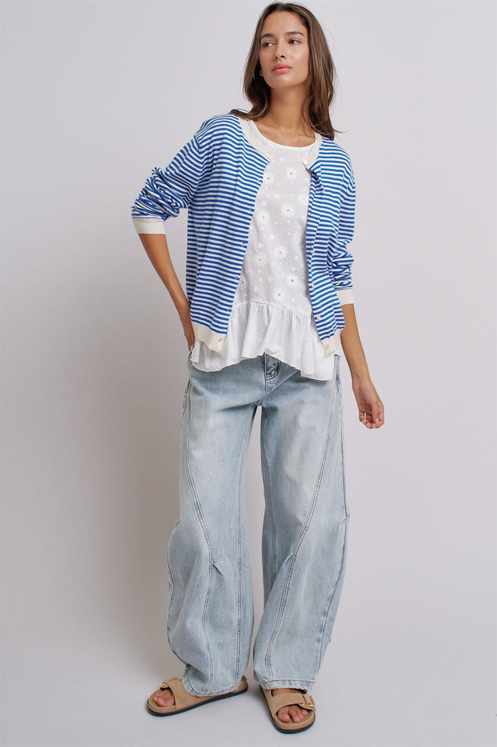 Simple Chic Summer Stripe Cardigan in Blue Ivory - Women's Wholesale Fashion | Trend Notes
