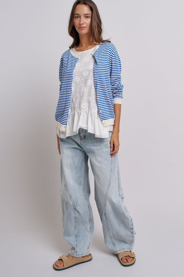 Simple Chic Summer Stripe Cardigan in Blue Ivory - Women's Wholesale Fashion | Trend Notes