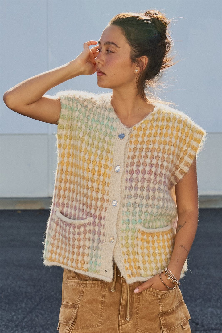 Popcorn Knit Button Front Sweater Vest Wool Blend in Mustard - Women's Wholesale Fashion | Trend Notes
