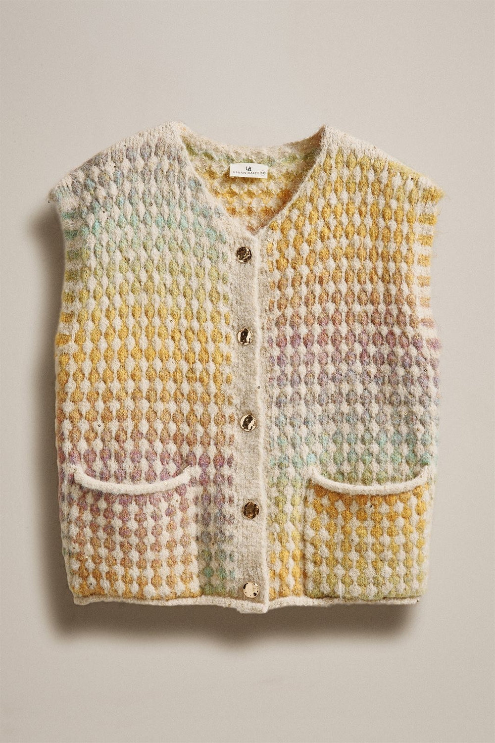 Popcorn Knit Button Front Sweater Vest Wool Blend in Mustard - Women's Wholesale Fashion | Trend Notes