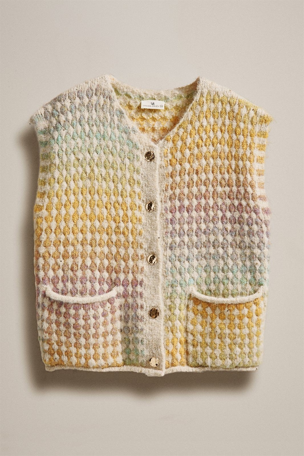 Popcorn Knit Button Front Sweater Vest Wool Blend in Mustard - Women's Wholesale Fashion | Trend Notes