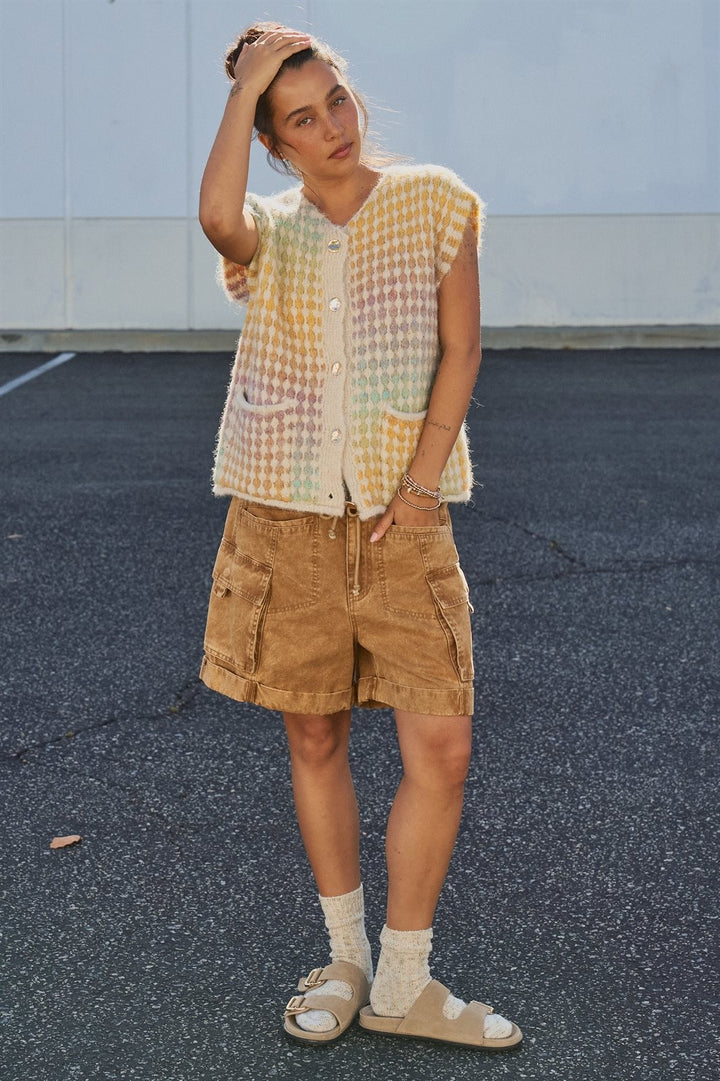 Popcorn Knit Button Front Sweater Vest Wool Blend in Mustard - Women's Wholesale Fashion | Trend Notes
