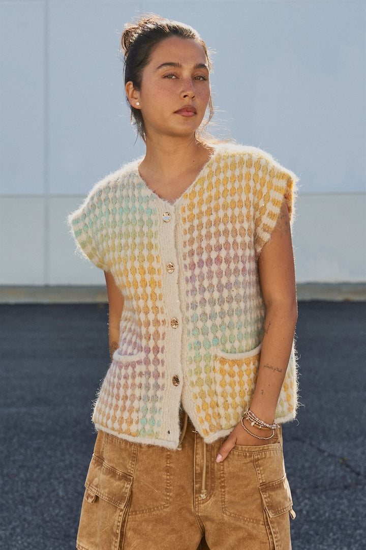 Popcorn Knit Button Front Sweater Vest Wool Blend in Mustard - Women's Wholesale Fashion | Trend Notes