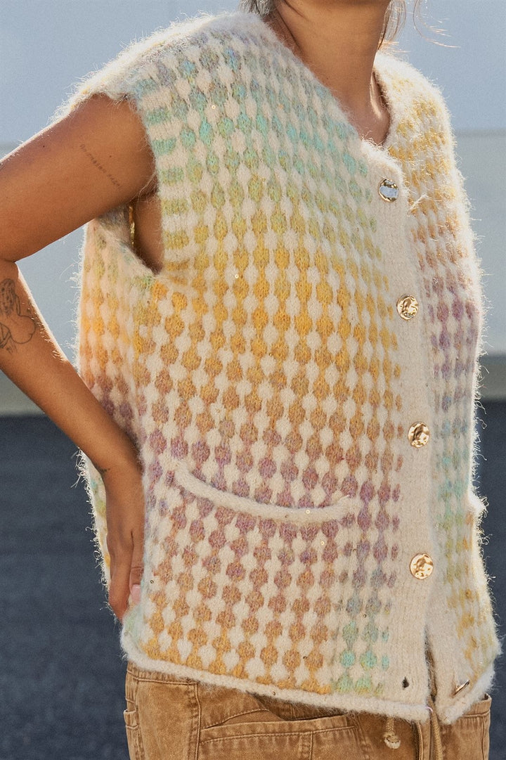 Popcorn Knit Button Front Sweater Vest Wool Blend in Mustard - Women's Wholesale Fashion | Trend Notes