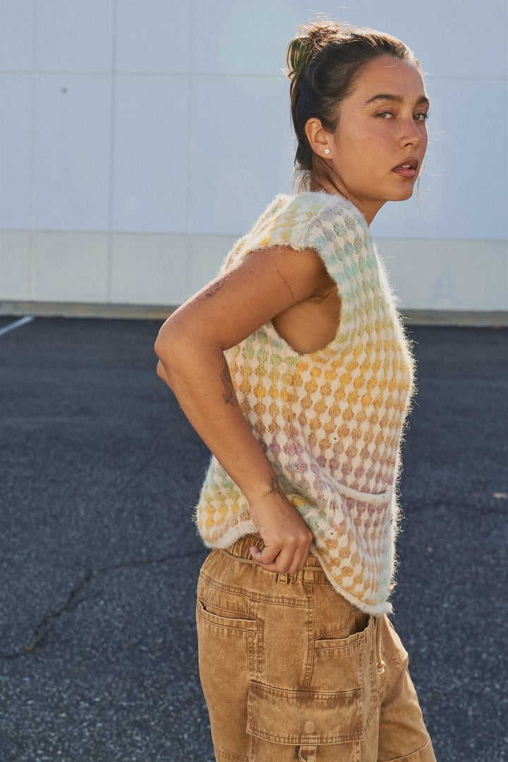 Popcorn Knit Button Front Sweater Vest Wool Blend in Mustard - Women's Wholesale Fashion | Trend Notes