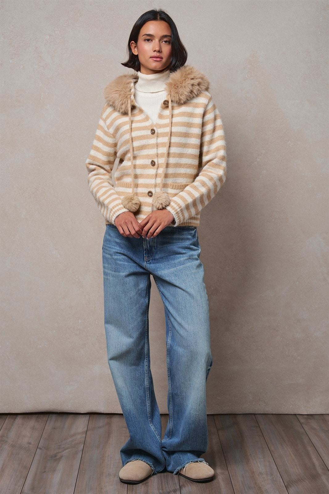 Faux Fur Hood Striped Knit Button Cardigan in Taupe	 - Women's Wholesale Jackets & Blazers | Trend Notes