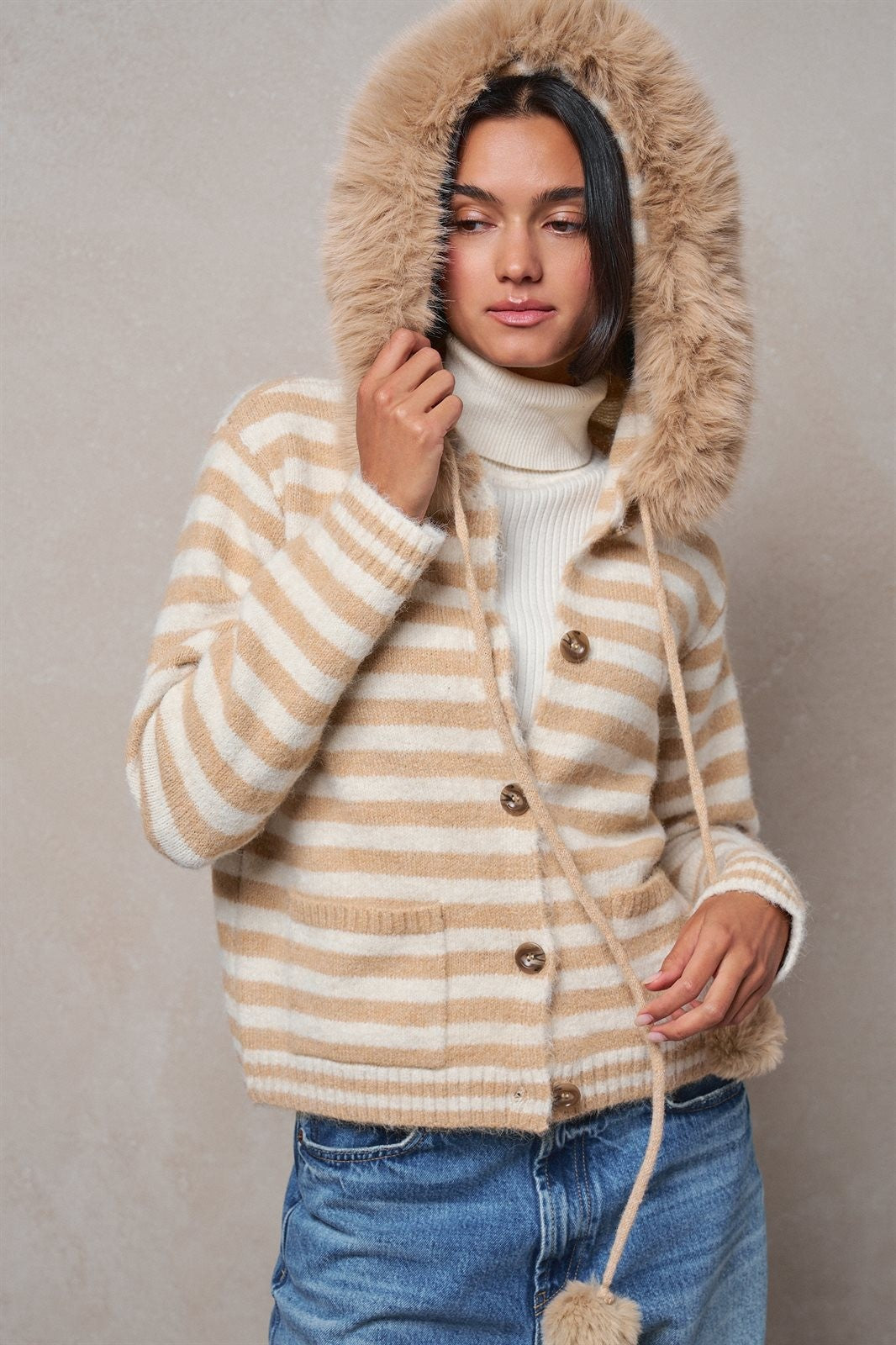 Faux Fur Hood Striped Knit Button Cardigan in Taupe	 - Women's Wholesale Jackets & Blazers | Trend Notes