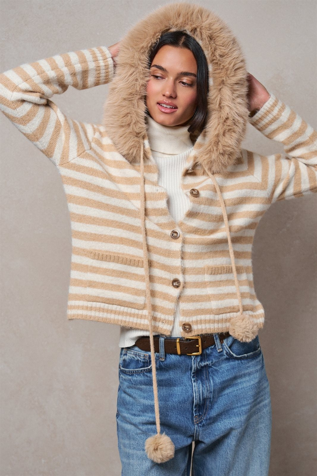 Faux Fur Hood Striped Knit Button Cardigan in Taupe	 - Women's Wholesale Jackets & Blazers | Trend Notes