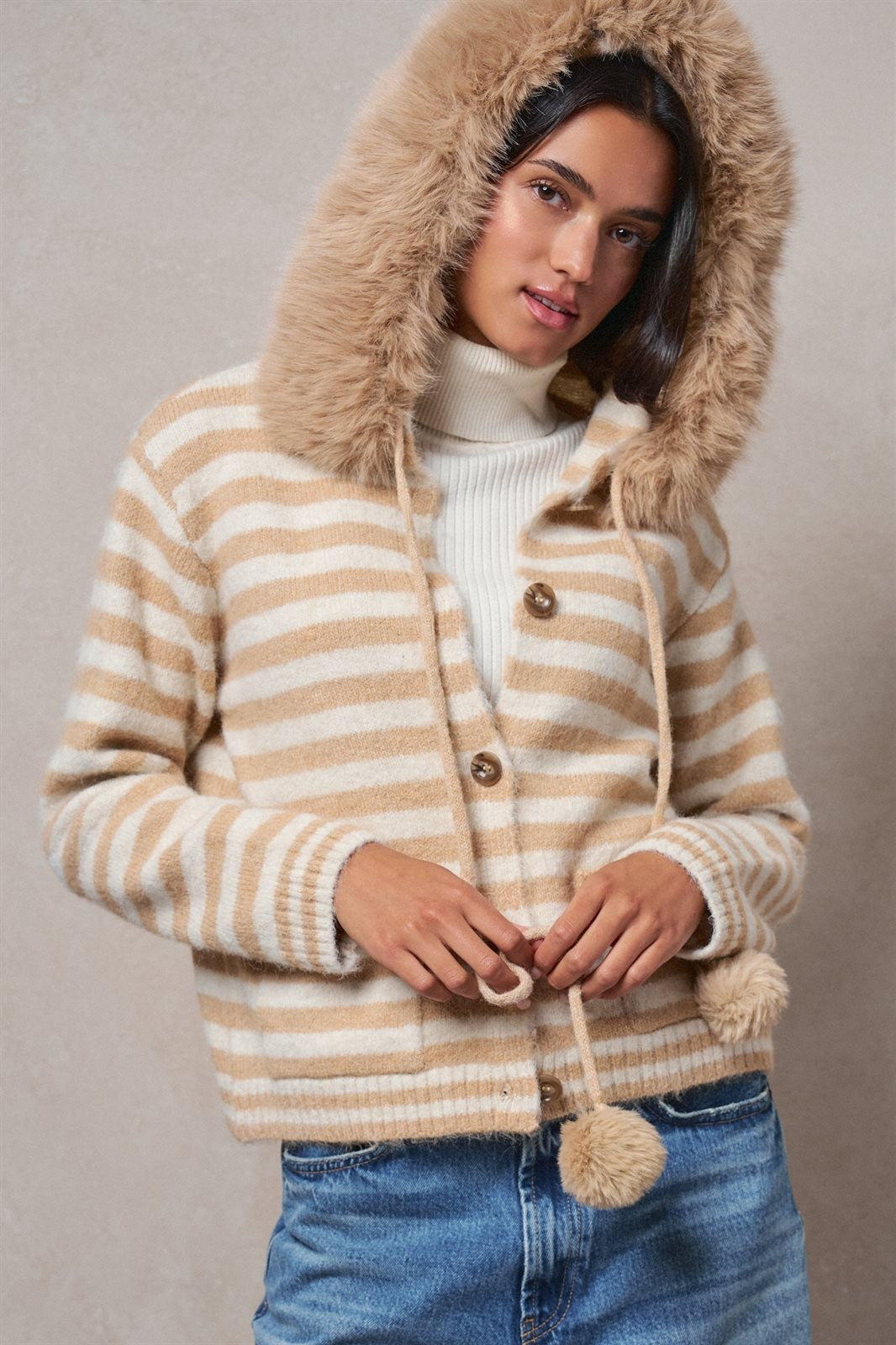 Faux Fur Hood Striped Knit Button Cardigan in Taupe	 - Women's Wholesale Jackets & Blazers | Trend Notes