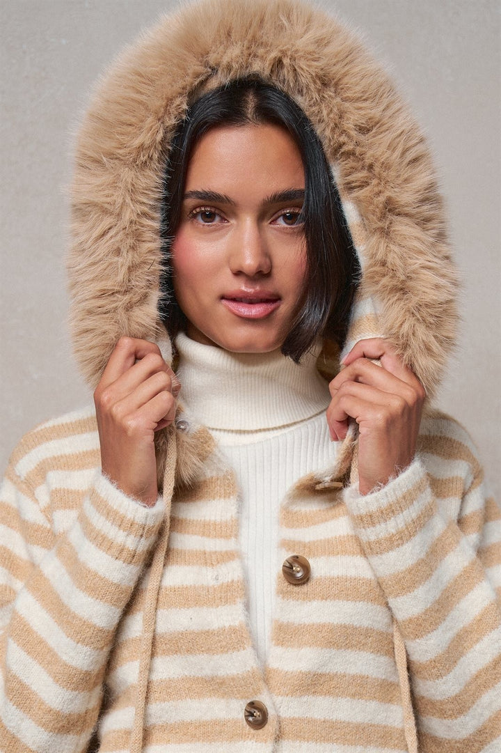 Faux Fur Hood Striped Knit Button Cardigan in Taupe	 - Women's Wholesale Jackets & Blazers | Trend Notes