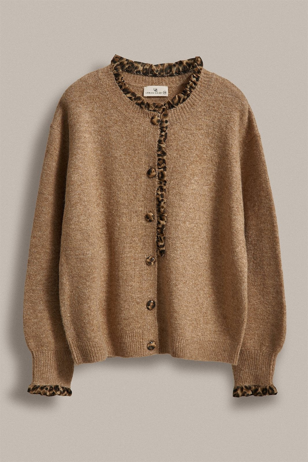 Leopard Ruffle Trim Button Front Sweater Knit Cardigan in Camel - Women's Wholesale Fashion | Trend Notes