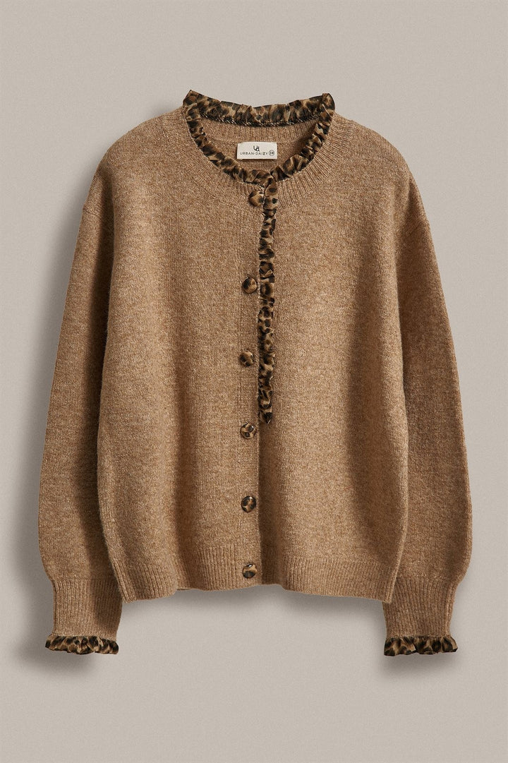Leopard Ruffle Trim Button Front Sweater Knit Cardigan in Camel - Women's Wholesale Fashion | Trend Notes