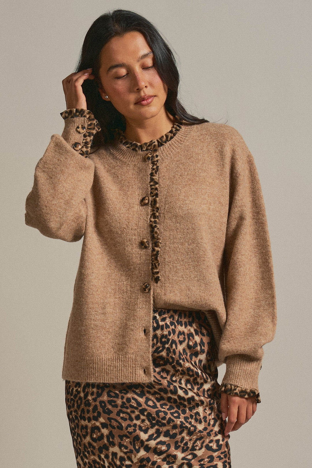 Leopard Ruffle Trim Button Front Sweater Knit Cardigan in Camel - Women's Wholesale Fashion | Trend Notes