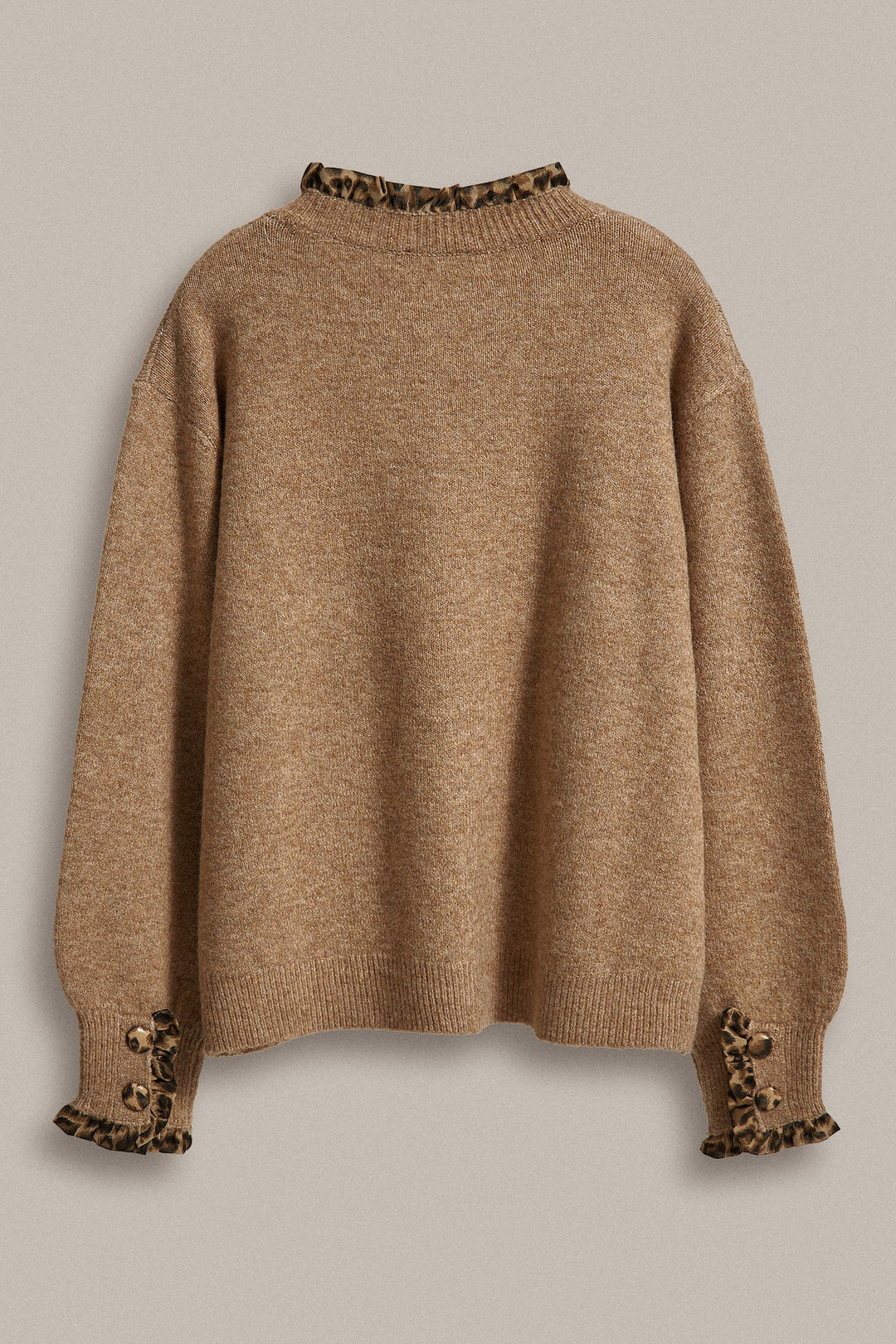 Leopard Ruffle Trim Button Front Sweater Knit Cardigan in Camel - Women's Wholesale Fashion | Trend Notes