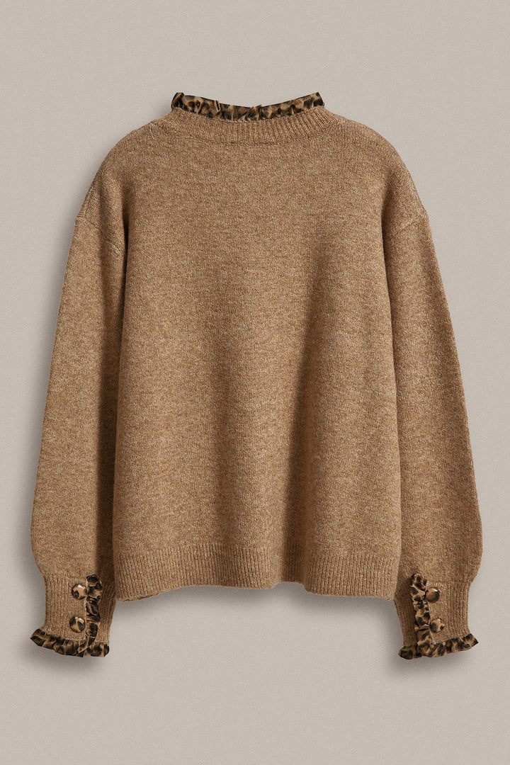 Leopard Ruffle Trim Button Front Sweater Knit Cardigan in Camel - Women's Wholesale Fashion | Trend Notes