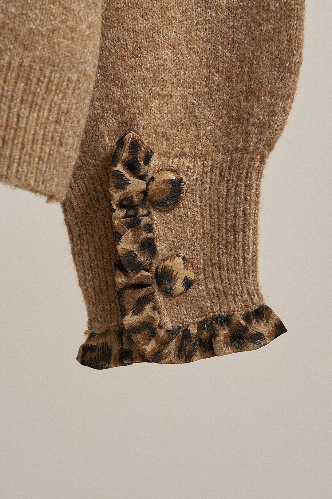 Leopard Ruffle Trim Button Front Sweater Knit Cardigan in Camel - Women's Wholesale Fashion | Trend Notes