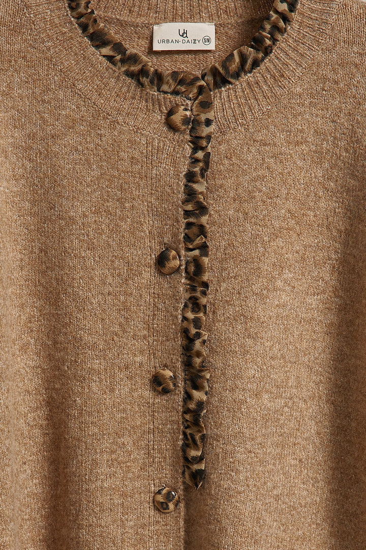 Leopard Ruffle Trim Button Front Sweater Knit Cardigan in Camel - Women's Wholesale Fashion | Trend Notes