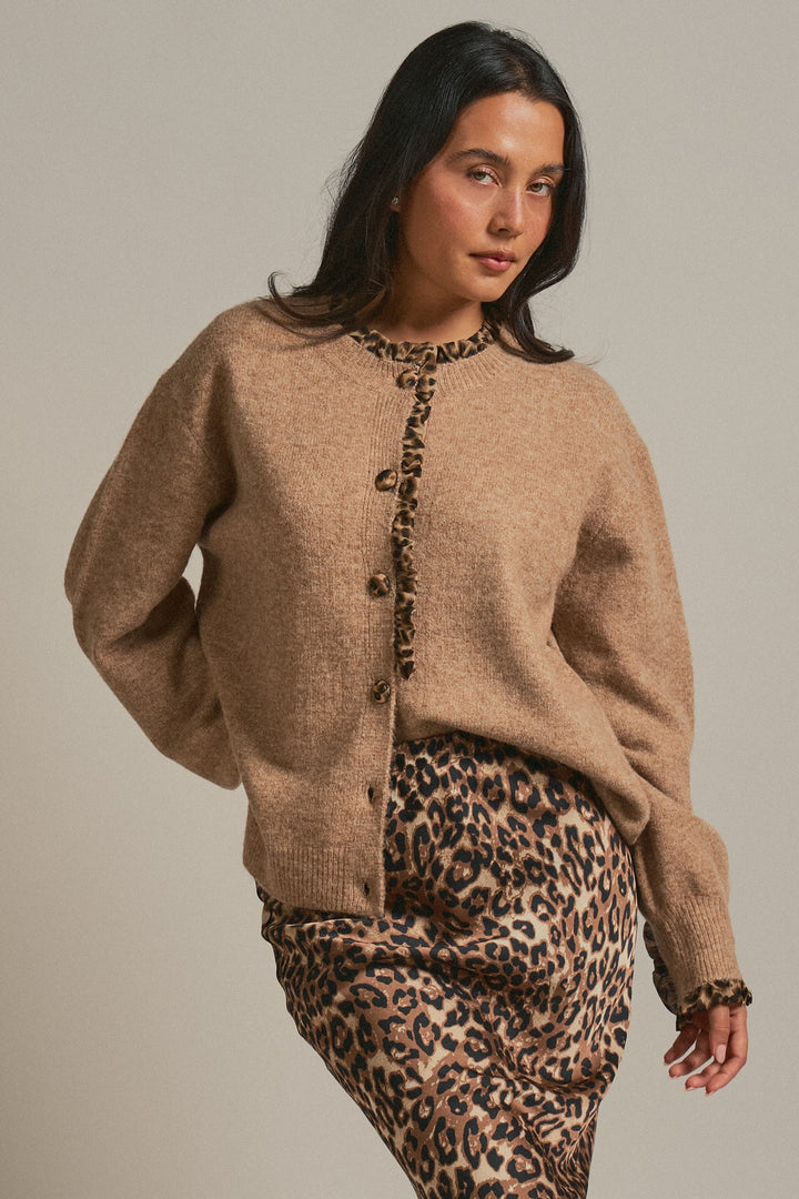 Leopard Ruffle Trim Button Front Sweater Knit Cardigan in Camel - Women's Wholesale Fashion | Trend Notes
