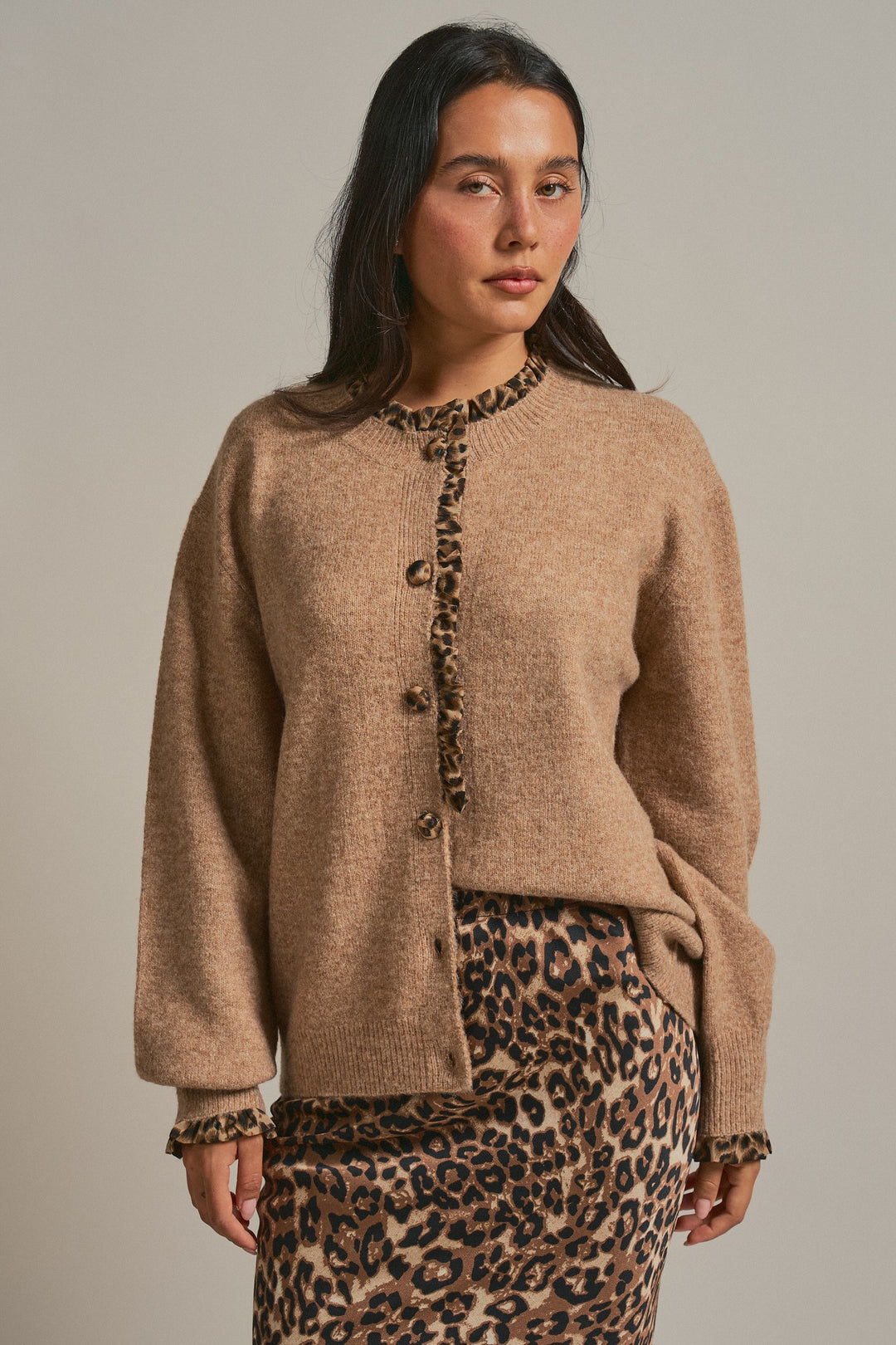 Leopard Ruffle Trim Button Front Sweater Knit Cardigan in Camel - Women's Wholesale Fashion | Trend Notes