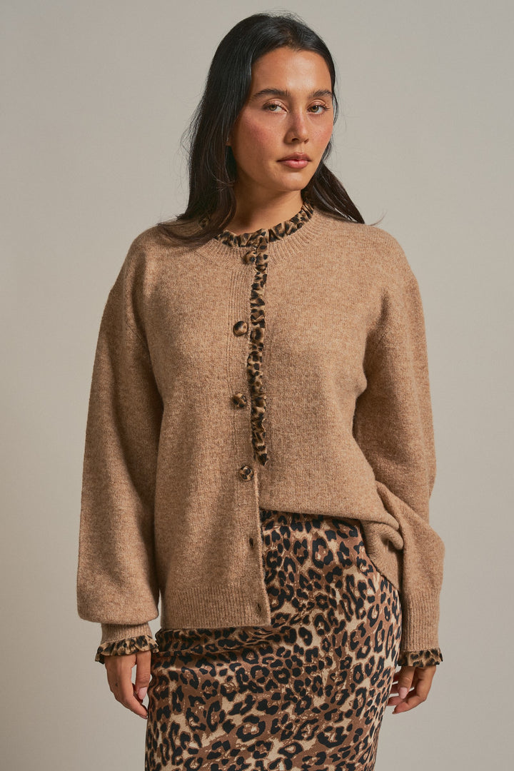 Leopard Ruffle Trim Button Front Sweater Knit Cardigan in Camel - Women's Wholesale Fashion | Trend Notes