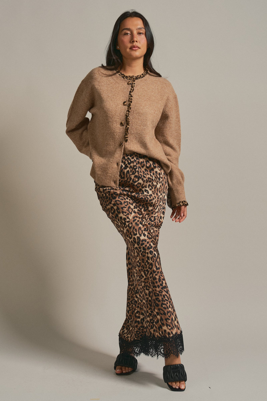 Leopard Ruffle Trim Button Front Sweater Knit Cardigan in Camel - Women's Wholesale Fashion | Trend Notes