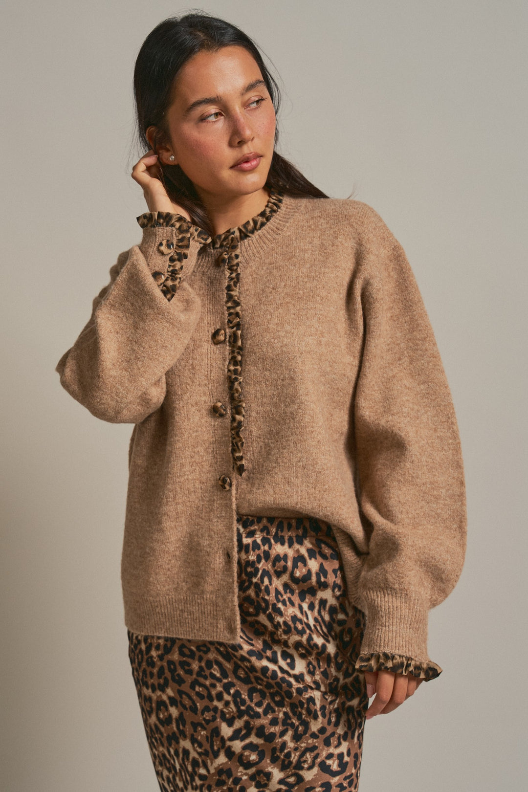 Leopard Ruffle Trim Button Front Sweater Knit Cardigan in Camel - Women's Wholesale Fashion | Trend Notes